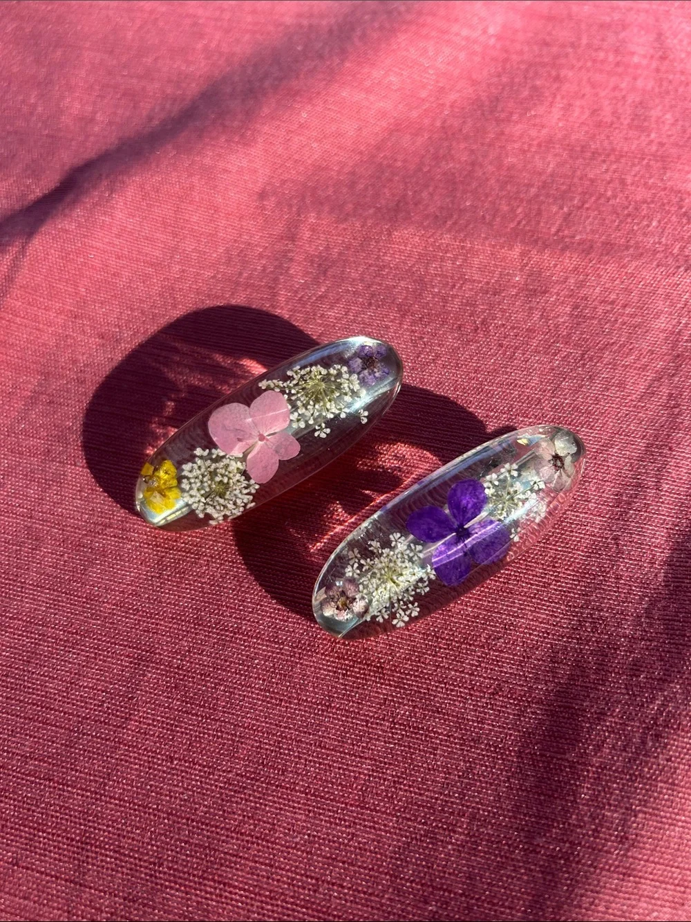 Resin Floral Hair Clip Set — Pink & Purple Pressed Flower Accents